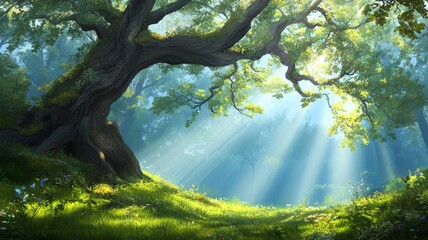 Fototapeta premium A large tree with a lot of leaves is in the foreground of a lush green field