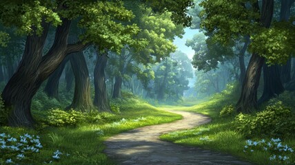 Obraz premium A path through a forest with trees on either side