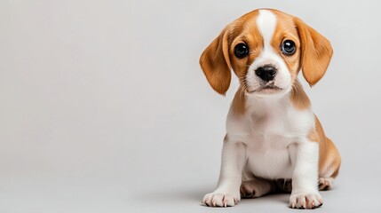 A small, brown and white puppy looks directly at the camera, sitting on a white background.