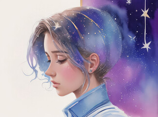 A detailed illustration of a beautiful girl watercolor art. Profile of a beautiful, young, sad woman
