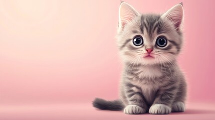 Fototapeta premium A cute kitten with big blue eyes sits on a pink background.