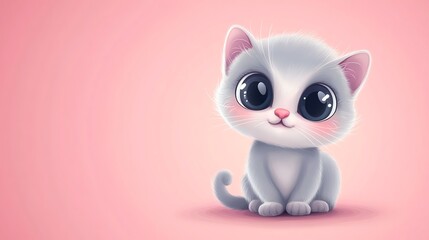 Cute cartoon cat with big eyes sitting on pink background.