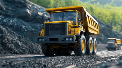 A yellow dump truck is driving down a rocky road