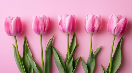 Obraz premium Pink tulips on a pastel pink background. Five vibrant pink tulips aligned on a pastel pink background, creating a minimal and fresh floral display
