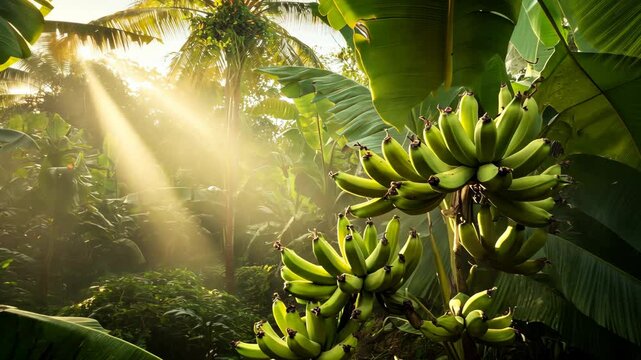 Sunlight streams through the leaves of a banana tree in a tropical jungle