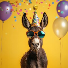 Party animal! Colorful photo of funny, happy donkey on yellow background. Ballons, confetti, happy mood. Birthday celebration banner	
Square frame for instagram post or button
