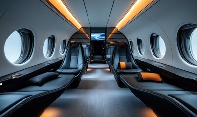 Modern high-speed train interior featuring black leather seats, carbon fiber shelves, and a television in a sleek white cabin