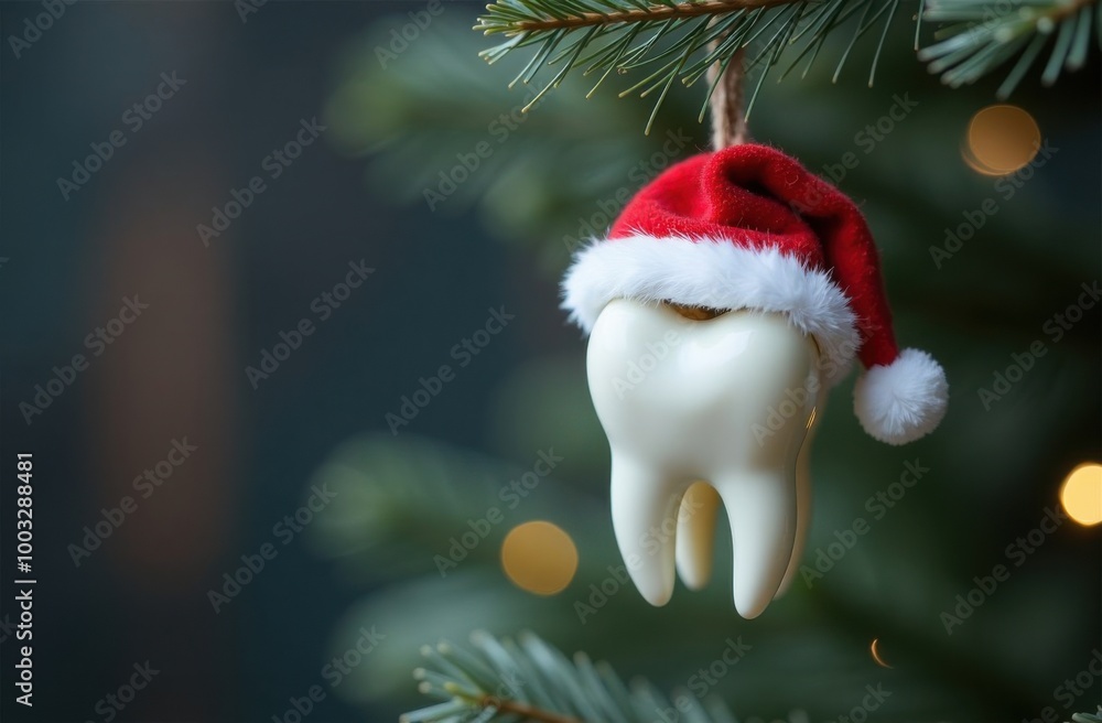 Poster white tooth wearing santa hat hanging on christmas tree