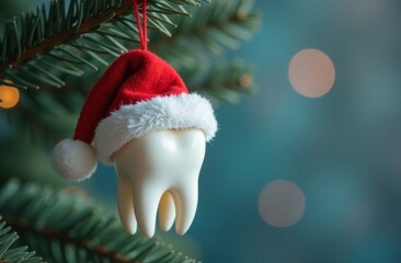White tooth wearing santa hat hanging on christmas tree