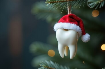 White tooth wearing santa hat hanging on christmas tree