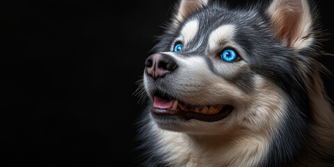 Obraz premium This husky displays stunning blue eyes and a charming expression, highlighting its thick fur against a contrasting dark background, capturing a captivating moment