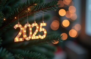 Lighted number 2025 ornament hanging on christmas tree