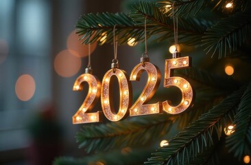 2025 new year celebration ornament hanging on christmas tree with lights