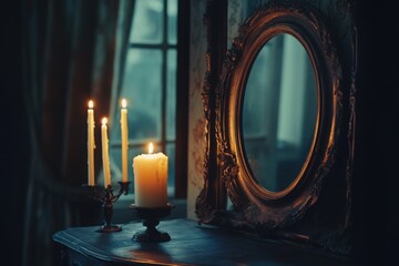 Haunted antique mirror on a table, with copy space