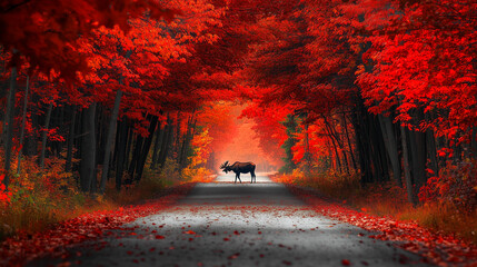 Moose on Autumn Road with Red Trees. A moose stands on a quiet road surrounded by vibrant red autumn trees, creating a striking and peaceful nature scene.