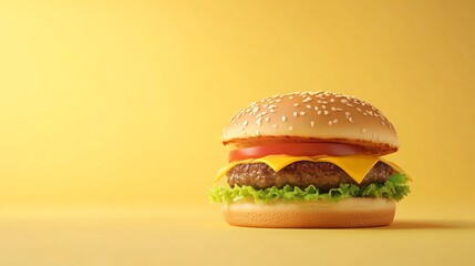 A juicy hamburger on a yellow background.