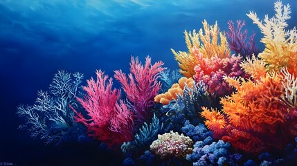 Obraz premium a vibrant underwater scene featuring a variety of colorful coral formations. The corals are in shades of pink, orange, yellow, purple, and blue, creating a lively and diverse underwater landscape