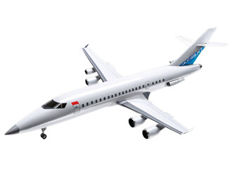 Obraz premium A large white airplane with blue accents is flying in the sky