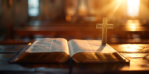 Church bright light background with holy bible and the cross of salvation of Jesus Christ.