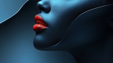 Obraz premium Closeup portrait of a woman with red lipstick and blue skin in abstract background