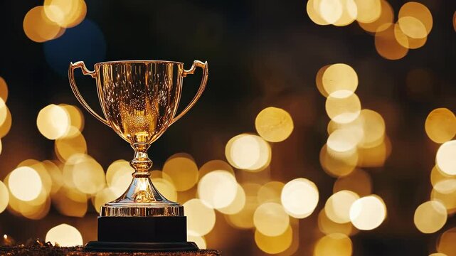 A golden trophy sits in front of a background of blurry lights