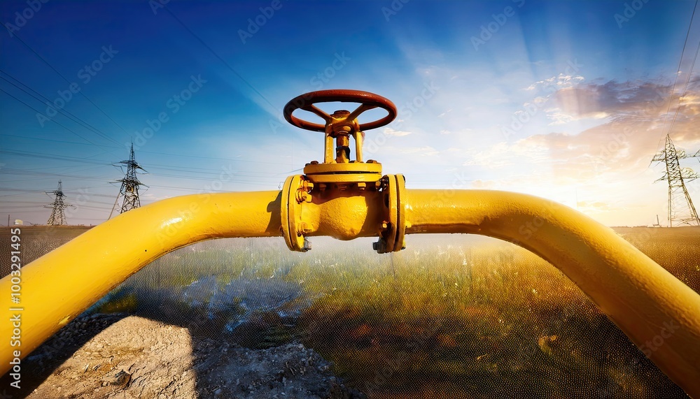 Wall mural yellow gas pipe with valve and burning gas burner, double exposure of natural gas use