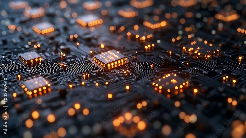 Poster abstract technology background with glowing circuit board microchips