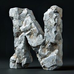 3D rendering letter N with textured concrete sculpture.