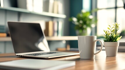 A laptop, a coffee mug, and a potted plant on a wooden table.