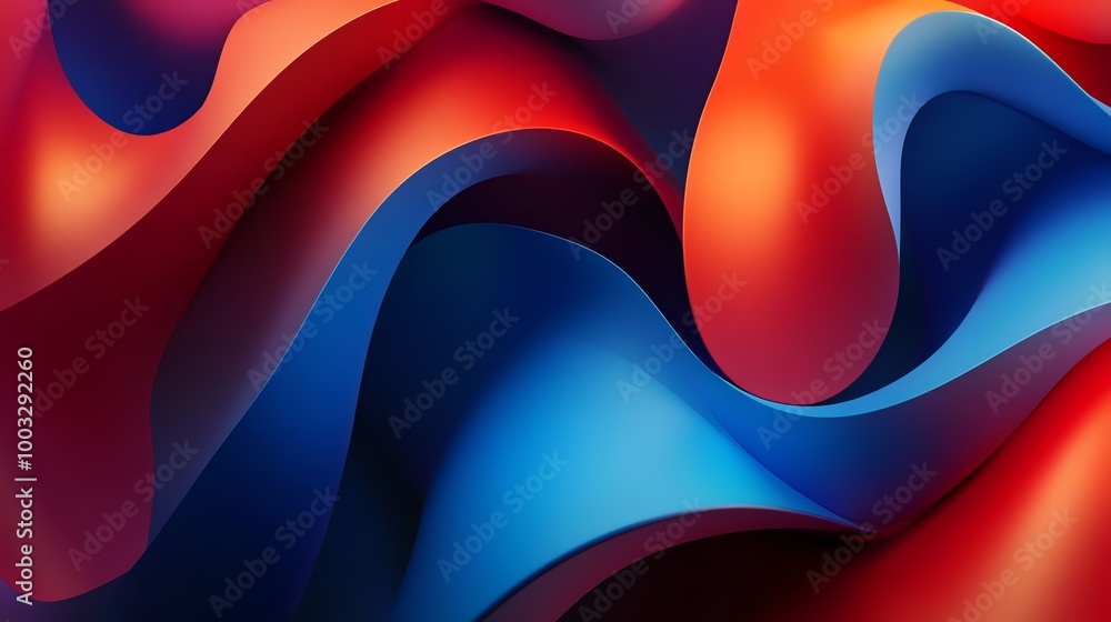 Poster abstract background with wavy, overlapping shapes in vibrant red and blue tones.