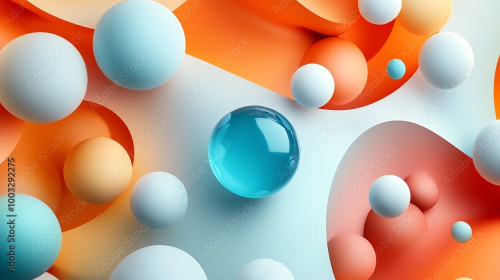 Poster abstract background with colorful spheres and wavy shapes.