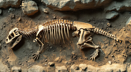 Aerial view of a complete dinosaur skeleton unearthed in a pit, showcasing fossilized bones and ancient scales against a rocky backdrop