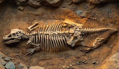 Exploring the mystery of a complete dinosaur skeleton uncovered in a pit surrounded by earth and rocks