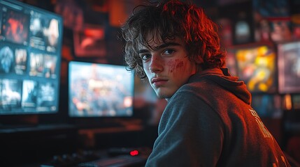 Fototapeta premium Young Gamer Concentrating on Computer Screen, Cyberpunk