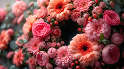 Naklejka premium Wreath made pink flowers festive decorations dark background. Mother's Day, events, Valentine's Day
