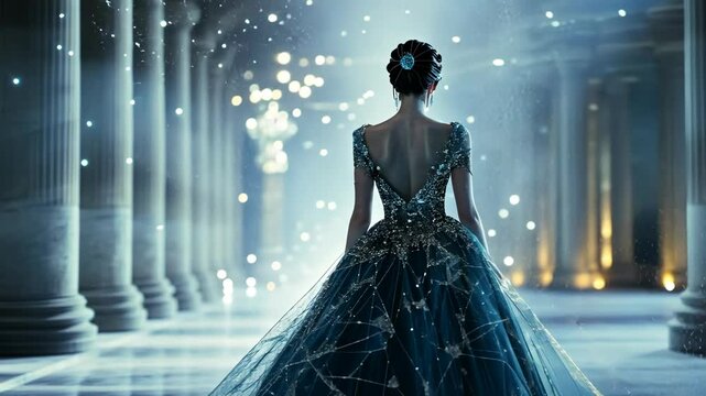 A woman in a blue gown with a constellation pattern walks through an ornate hallway