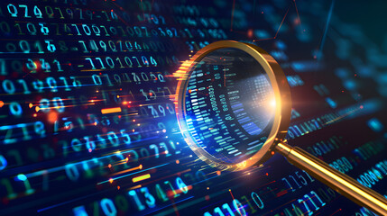 A magnifying glass focuses on a digital code highlighting the importance of data in the modern world