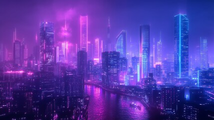 Fototapeta premium Futuristic city skyline twilight neon lights creating sleek dynamic atmospheric contrast high-definition. AI generated