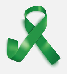 Green scoliosis ribbon. 3d icon for awareness, cerebral and mental health. Cancer, palsy and celiac diseases. Symbol for charity on transplant of organ. Global day of donation. Vector.