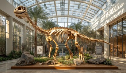 Obraz premium Large dinosaur skeleton on display in a modern museum lobby surrounded by lush vegetation and informative signs