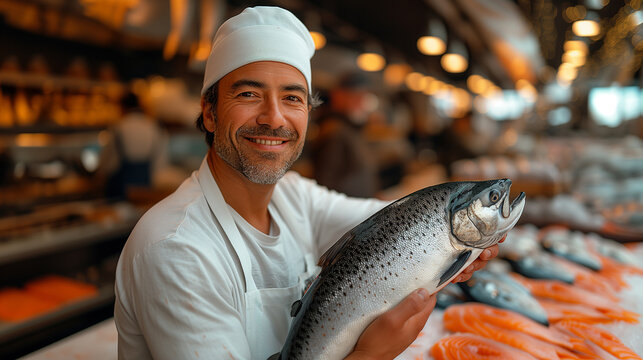 Experienced chef holding large speckled trout fish market. Gourmet seafood concept, gastronomy