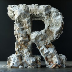 3D rendering letter R with textured concrete sculpture.