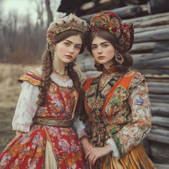 Fototapeta premium Women in Traditional Eastern European Folk Costumes. Two women dressed in ornate, colorful traditional Eastern European folk costumes, standing side by side in a rural setting, showcasing intricate em