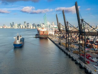 Cargo ship arriving in the South Florida Container Terminal, Miami, Florida, United States.