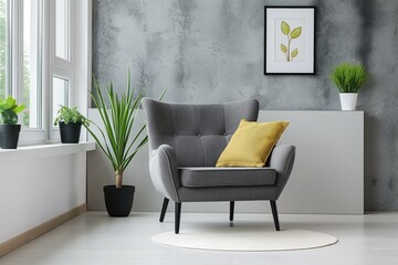 Modern living room interior with comfortable armchair. Soft, white carpet and yellow wall colors. Beautiful, stylish furniture and houseplant decoration. Contemporary design and domestic decor.
