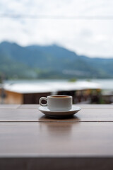 close up capture of hot black coffee in rustic coffee shop in south america