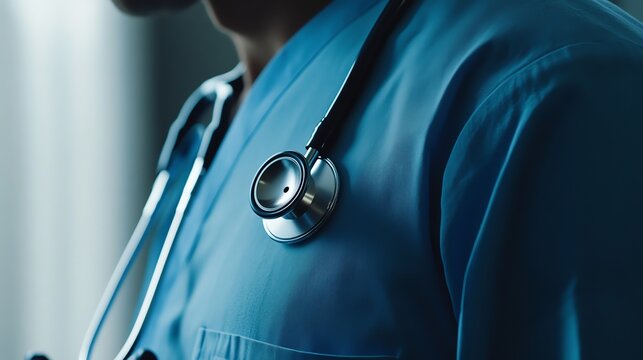 A doctor's stethoscope is draped over a blue medical scrub, close-up.