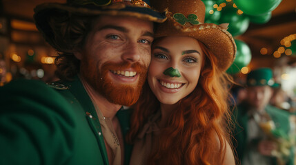 Obraz premium Couple, man and woman, dressed in green, celebrating St. Patrick's Day