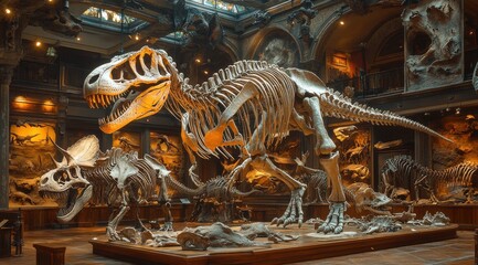 Explore a captivating museum showcasing impressive dinosaur skeletons including T-Rex and Triceratops amidst prehistoric artwork