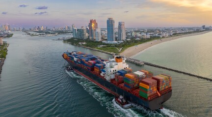 Container ship coming into the the port in Miami, via the channel in South Pointe Park, Miami,...
